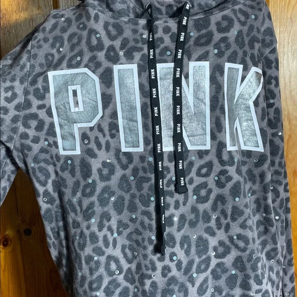 Victoria's Secret PINK Gray Hoodie size small bling cheetah print sweatshirt - Picture 2 of 6